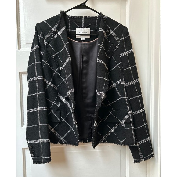 LK Bennett London Black Cream Zuri Tweed Frayed Edge Blazer Jacket US 8 - Picture 6 of 11